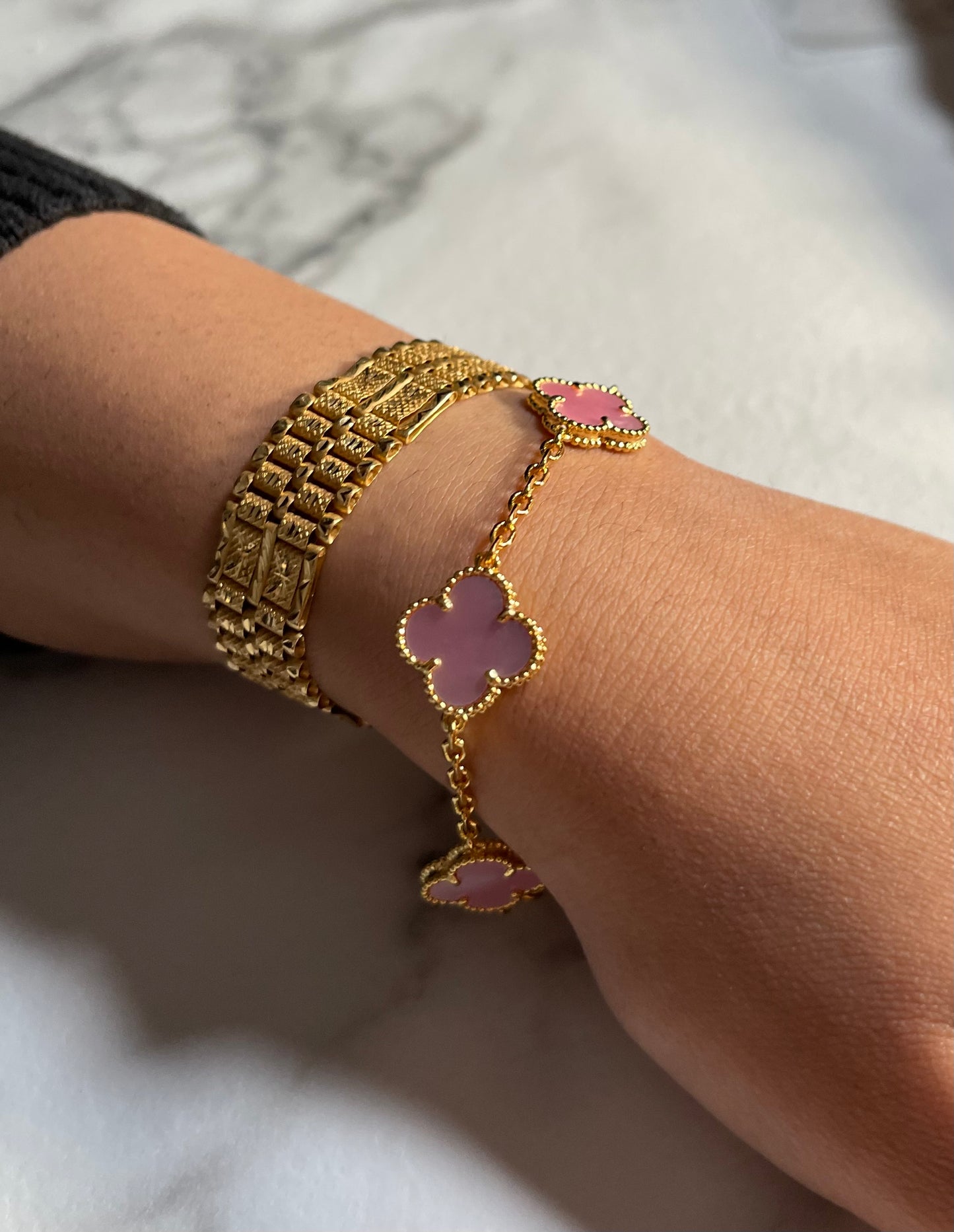 Rose Pink and Gold Clover Bracelet